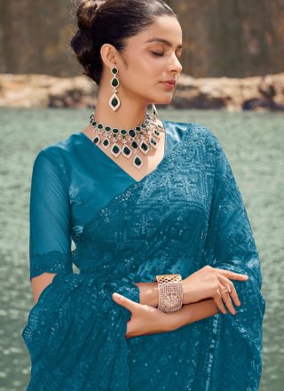 Sequins and Thread Work Net Contemporary Saree In Morpeach