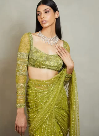 Sequins and Thread Work Net Contemporary Sari In Green for Ceremonial