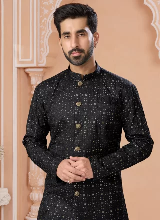 Sequins and Thread Work Silk Indo Western Sherwani In Black for Ceremonial
