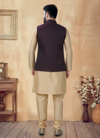 Sequins and Thread Work Silk Kurta Payjama with Jacket In Gold and Wine