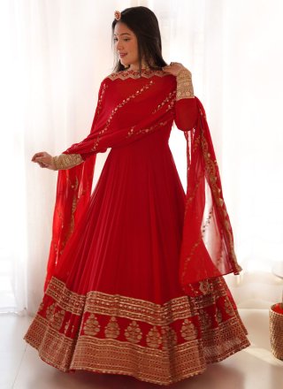 Sequins and Zari Work Georgette Gown In Red