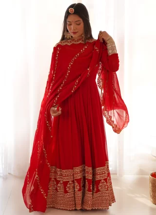 Sequins and Zari Work Georgette Gown In Red