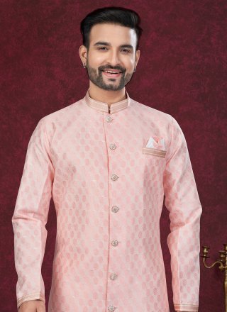 Sequins, Stone, Thread and Zari Work Jacquard Indo Western In Peach