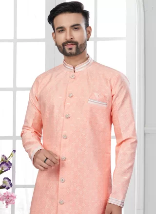 Sequins, Stone, Thread and Zari Work Jacquard Indo Western Sherwani In Peach