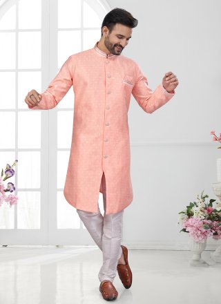 Sequins, Stone, Thread and Zari Work Jacquard Indo Western Sherwani In Peach