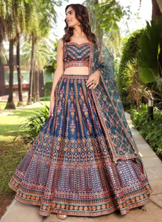 Sequins, Thread and Zari Work Chinon Lehenga Choli In Blue