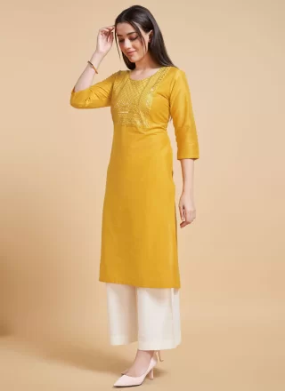 Sequins Work Polyester Casual Kurti In Mustard for Casual