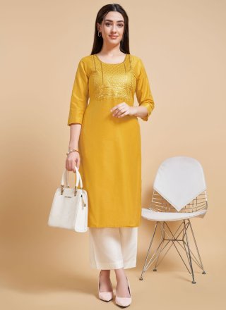 Sequins Work Polyester Casual Kurti In Mustard for Casual
