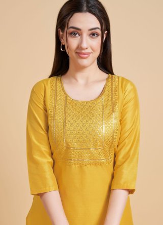Sequins Work Polyester Casual Kurti In Mustard for Casual