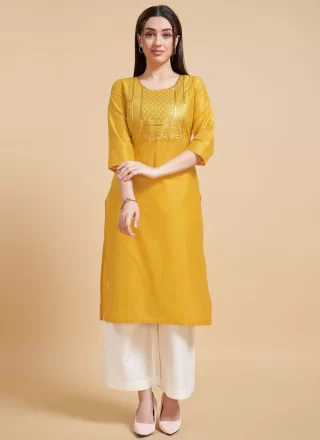 Sequins Work Polyester Casual Kurti In Mustard for Casual
