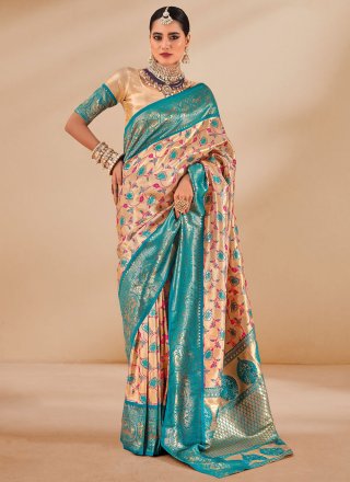 Silk Classic Saree In Cream and Firozi
