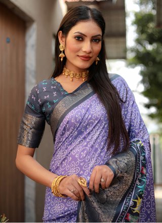 Silk Classic Sari with Bandhej, Patch Border and Print Work