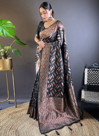 Silk Contemporary Sari In Black