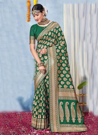 Silk Designer Sari In Green