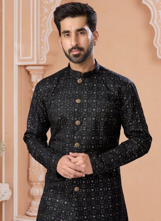 Silk Indo Western Sherwani In Black