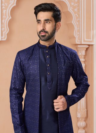 Silk Indo Western Sherwani with Embroidered, Sequins and Thread Work