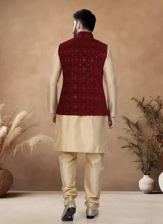 Silk Kurta Payjama with Jacket with Embroidered, Sequins and Thread Work