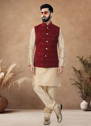 Silk Kurta Payjama with Jacket with Embroidered, Sequins and Thread Work