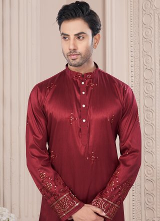Silk Kurta Pyjama In Maroon