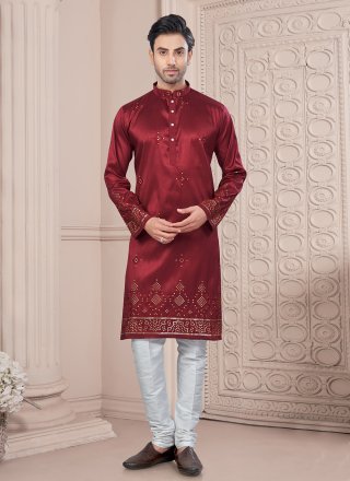 Silk Kurta Pyjama In Maroon