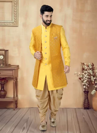 Silk Sherwani Mens Wear In Yellow