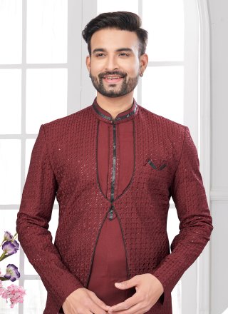 Silk Sherwani Mens Wear with Buttons, Machine Embroidery and Thread Work