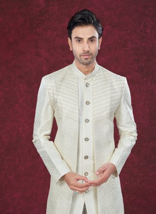 Silk Sherwani Mens Wear with Buttons, Machine Embroidery, Stone and Thread Work