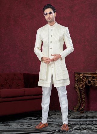 Silk Sherwani Mens Wear with Buttons, Machine Embroidery, Stone and Thread Work