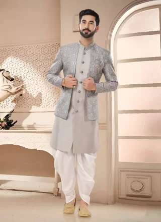 Silk Sherwani Mens Wear with Print Work