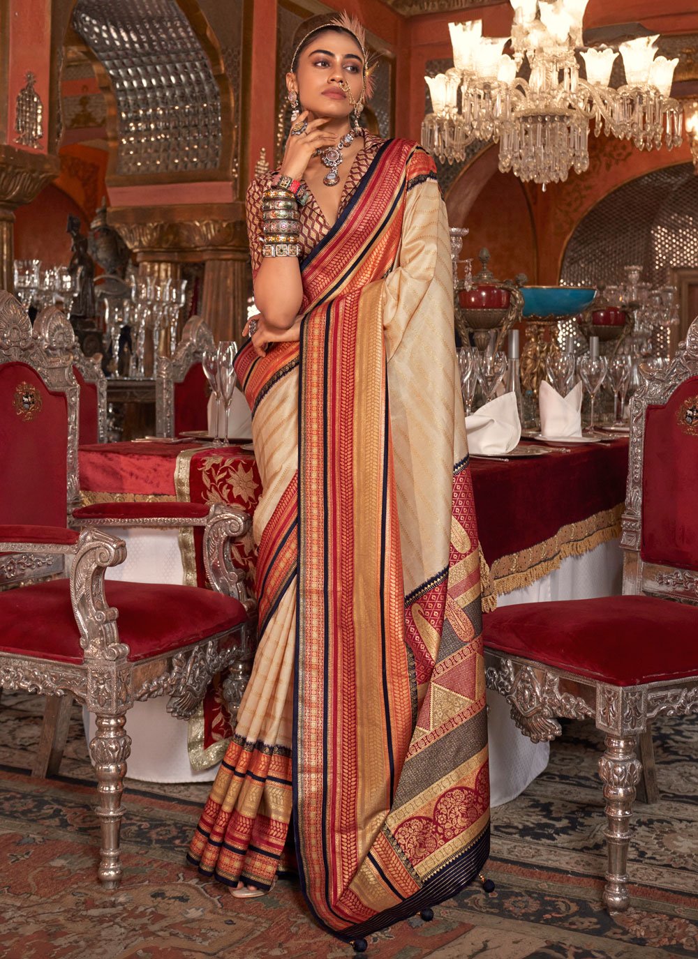 $52 - $64 - Cream Georgette Satin Multi Designer Sarees