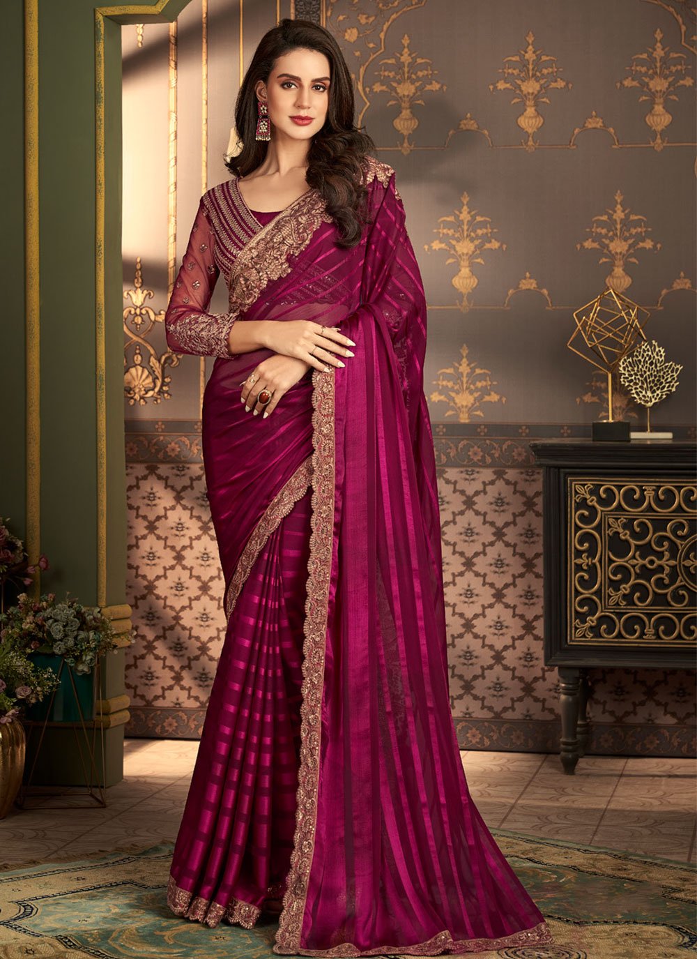 Buy Magenta Hand Painted Chiffon Saree | MAY_HBPCS_7/MYE3 | The loom