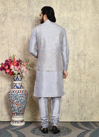 Silver Art Silk Kurta Payjama with Jacket with