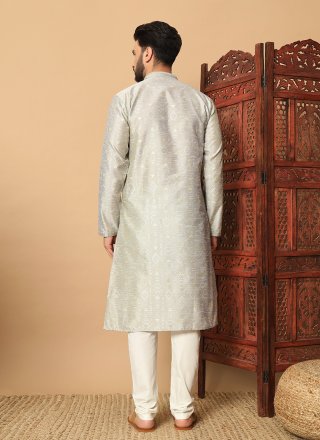 Silver Pure Silk Embroidered Work Kurta Pyjama for Casual