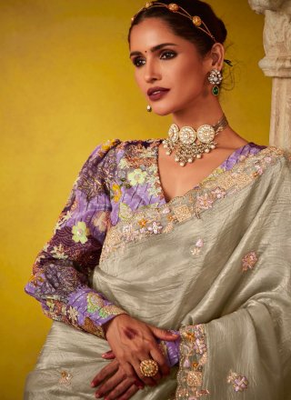 Silver Silk Cut, Embroidered and Stone Work Traditional Saree for Women