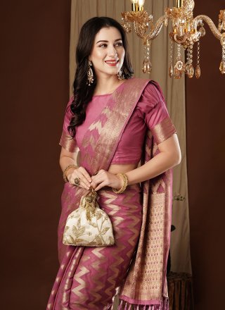 Simplistic Hot Pink Pure Georgette Traditional Saree with Weaving Work