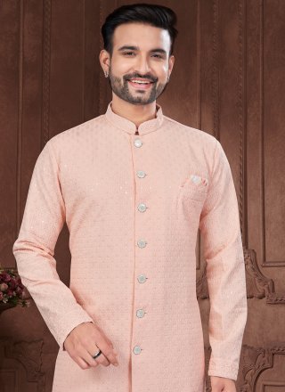 Simplistic Peach Lucknowi Indo Western Sherwani with Chikankari and Machine Embroidery Work