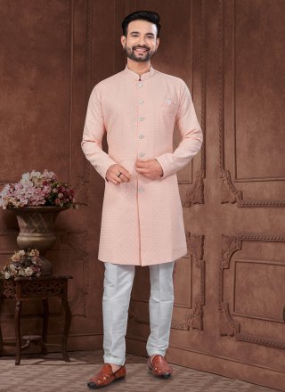 Simplistic Peach Lucknowi Indo Western Sherwani with Chikankari and Machine Embroidery Work
