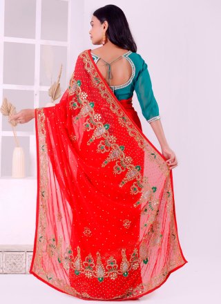 Simplistic Red Georgette Traditional Saree with Embroidered, Stone and Thread Work