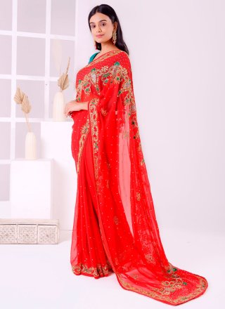 Simplistic Red Georgette Traditional Saree with Embroidered, Stone and Thread Work