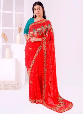 Simplistic Red Georgette Traditional Saree with Embroidered, Stone and Thread Work