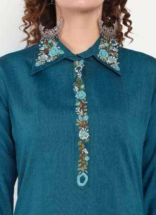 Simplistic Teal Cotton Silk Designer Kurti