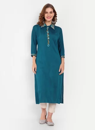 Simplistic Teal Cotton Silk Designer Kurti