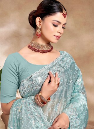 Sonorous Aqua Blue Burburry Classic Saree