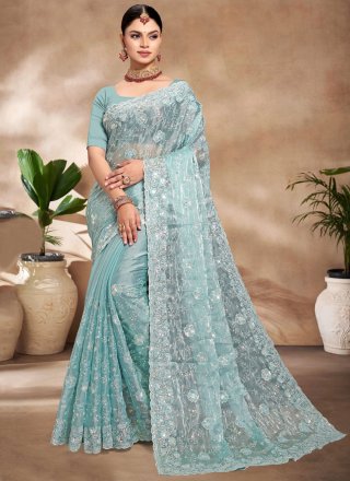 Sonorous Aqua Blue Burburry Classic Saree