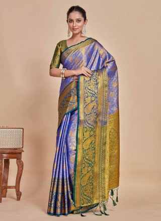Sonorous Blue Kanjivaram Silk Trendy Saree with Woven Work