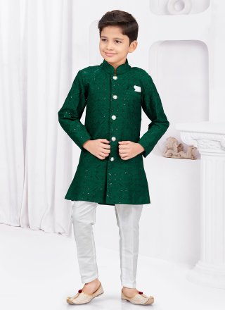 Specialised Green Banarasi Silk Sherwani Kids Wear with Buttons and Thread Work