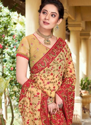 Specialised Khaki Georgette Trendy Saree with Embroidered, Kashmiri and Resham Work