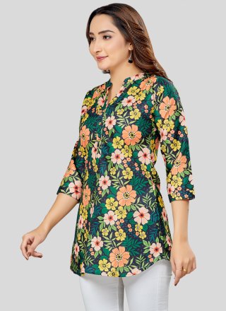 Specialised Multi Colour Blended Cotton Designer Kurti with Print Work