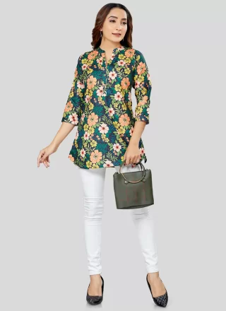 Specialised Multi Colour Blended Cotton Designer Kurti with Print Work