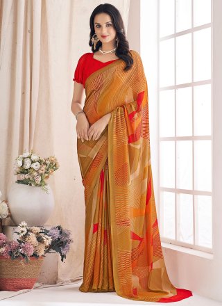 Spectacular Brown Chiffon Contemporary Sari with Print Work